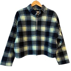 American Eagle Grunge Plaid Cropped Fleece Long Sleeve Sweater Women's SIze XL